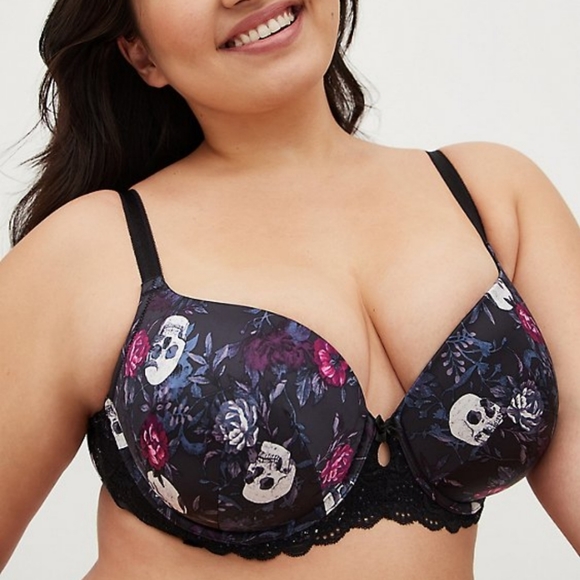 LIGHTLY LINED T-SHIRT BRA - FLORAL SKULL BLACK
